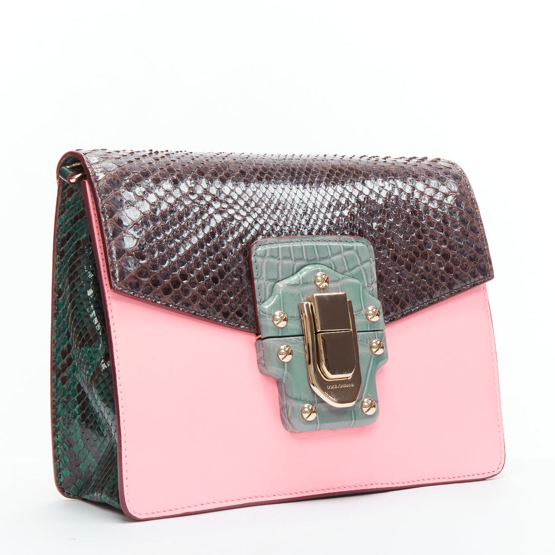 DOLCE GABBANA Lucia pink grey scaled leather flap clasp crossbody bag