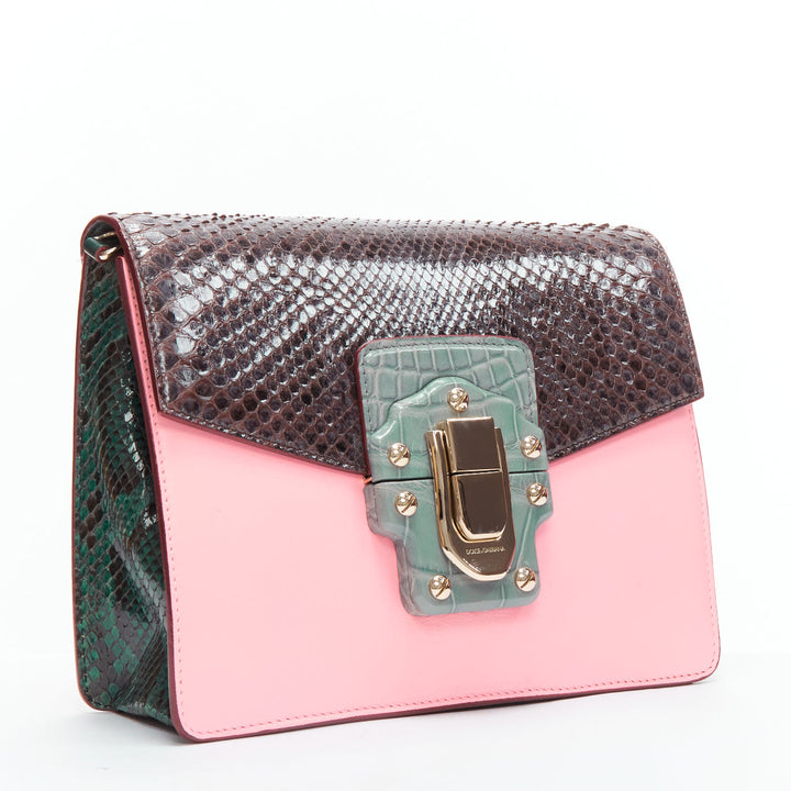 DOLCE GABBANA Lucia pink grey scaled leather flap clasp crossbody bag