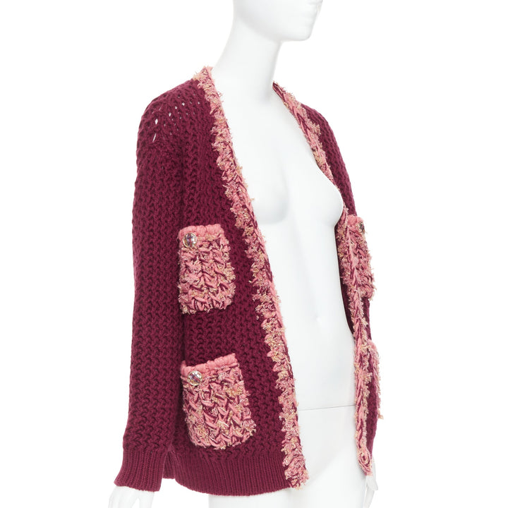 CHANEL 2022 Runway 100% cashmere burgundy pink tweed 4 pockets cardigan FR34 XS