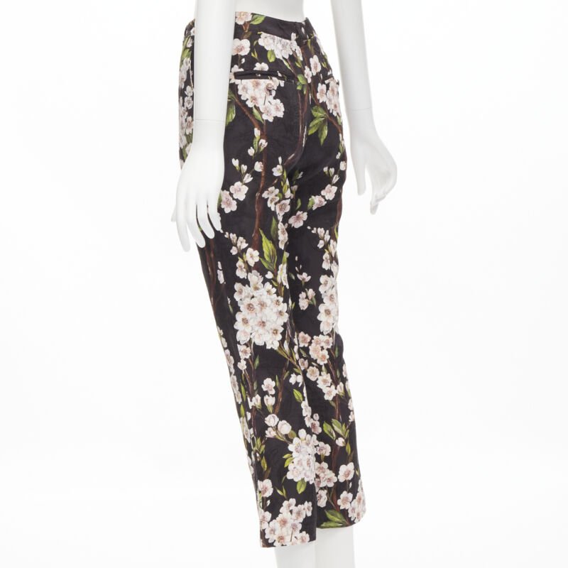 DOLCE GABBANA black pink floral blossom print jacquard cropped pants IT36 XXS
