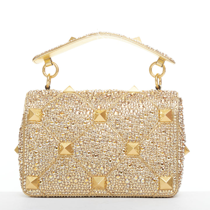 rare VALENTINO Roman Stud Medium gold crystal chain turnlock shoulder bag