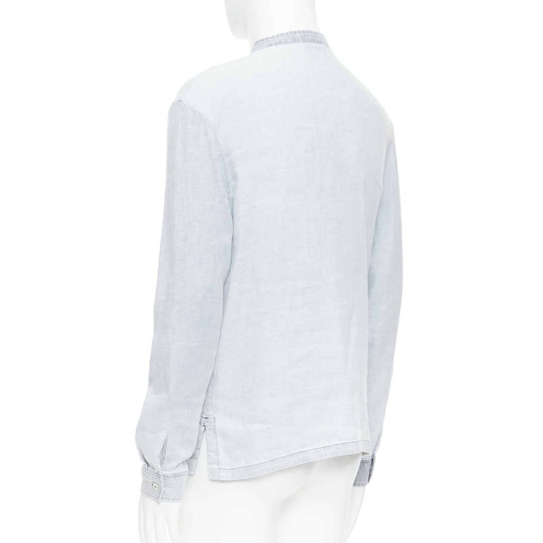 A.P.C. grey linen blend washed distressed slit collar long sleeve shirt S