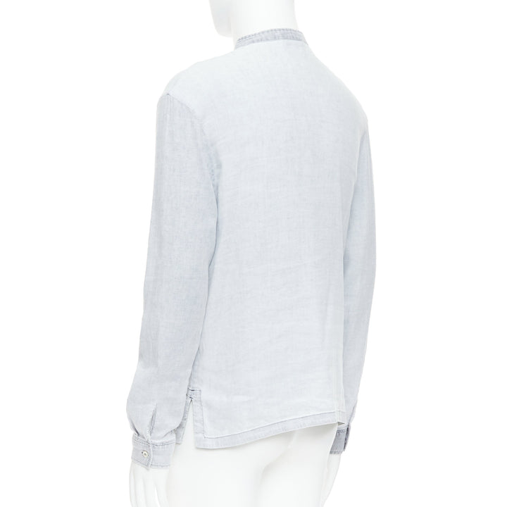 A.P.C. grey linen blend washed distressed slit collar long sleeve shirt S