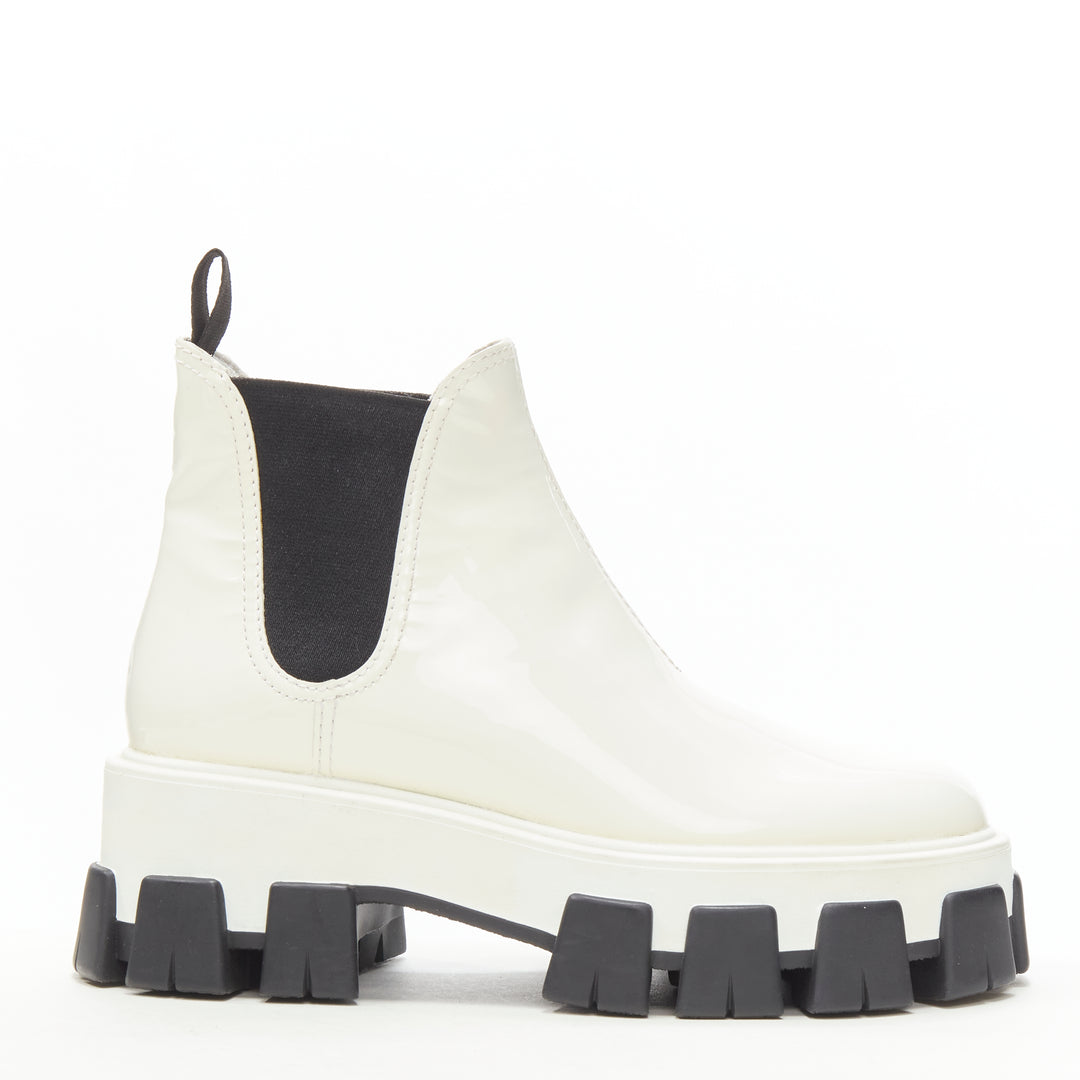 PRADA 2019 Monolith white patent lug sole platform ankle boot  EU36