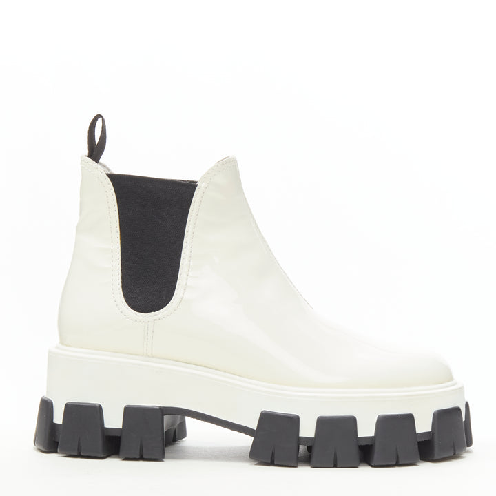 PRADA 2019 Monolith white patent lug sole platform ankle boot  EU36