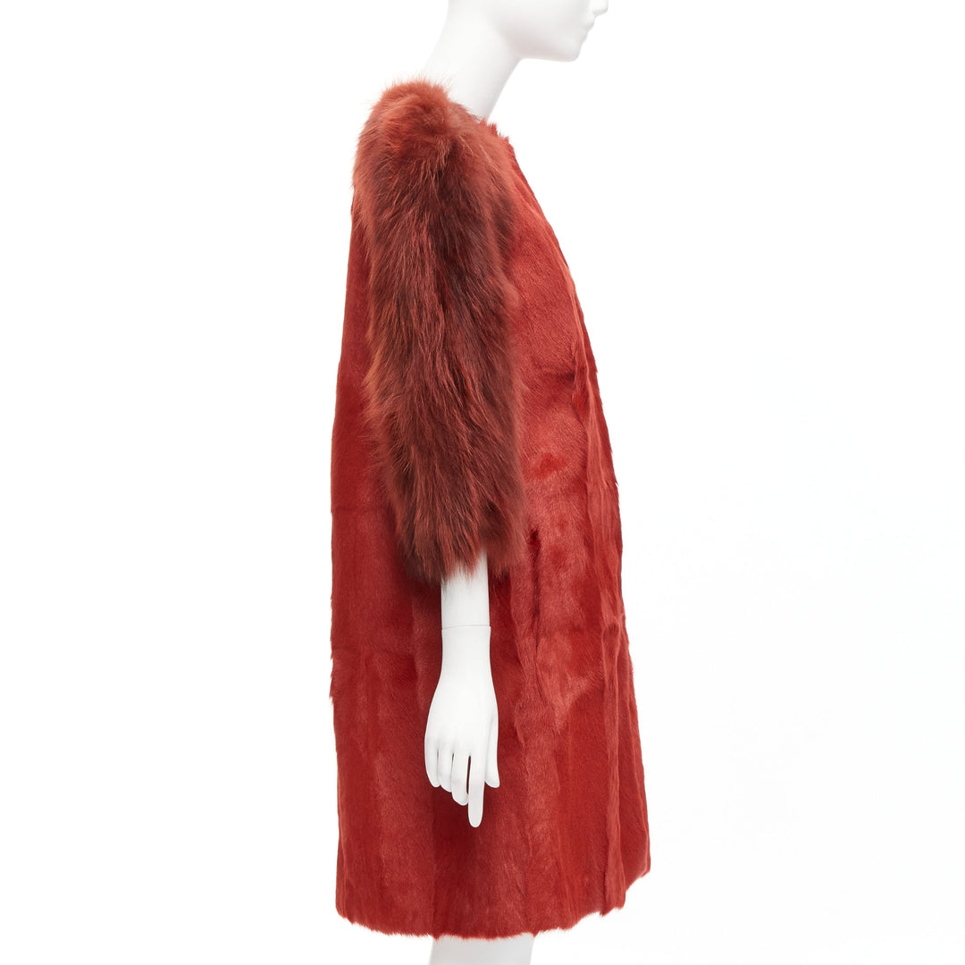 GIAMBATTISTA VALLI red genuine fur patchwork contrast raglan sleeve long coat