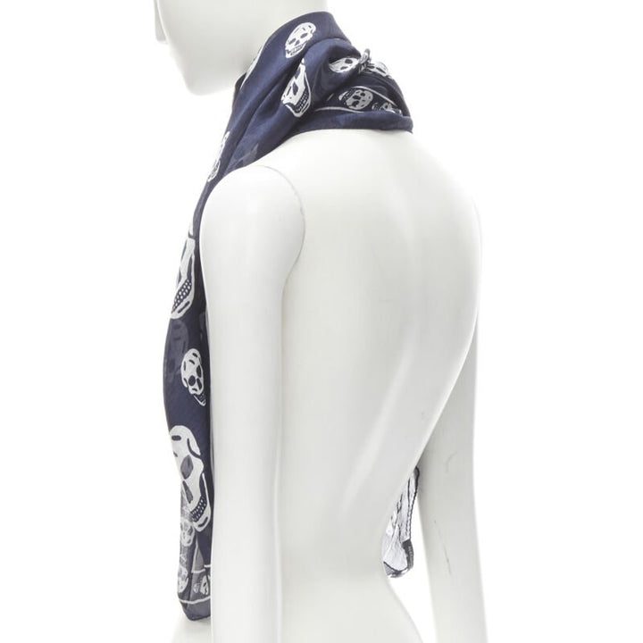 ALEXANDER MCQUEEN Signature navy blue white skeleton skull print scarf