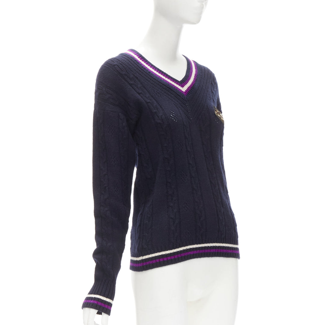 CHANEL cashmere blend navy purple embroidered badge schoolboy sweater FR38 M