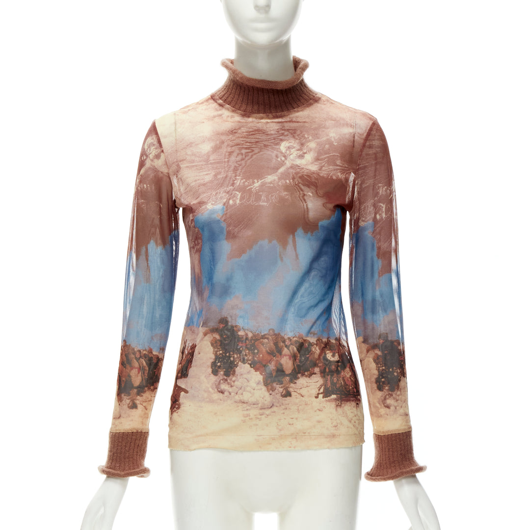 JEAN PAUL GAULTIER 1998 CLASSIQUE brown knit trim turtleneck mesh top IT40 S
