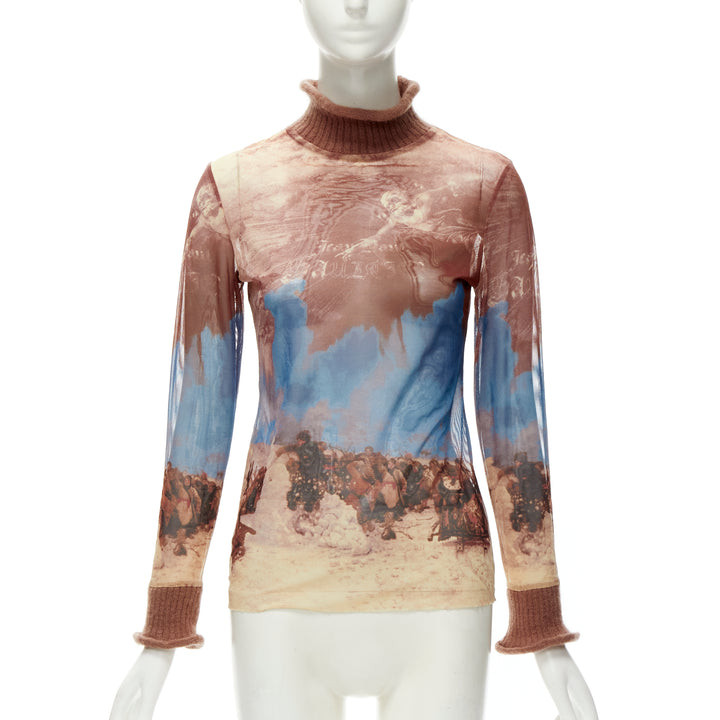 JEAN PAUL GAULTIER 1998 CLASSIQUE brown knit trim turtleneck mesh top IT40 S