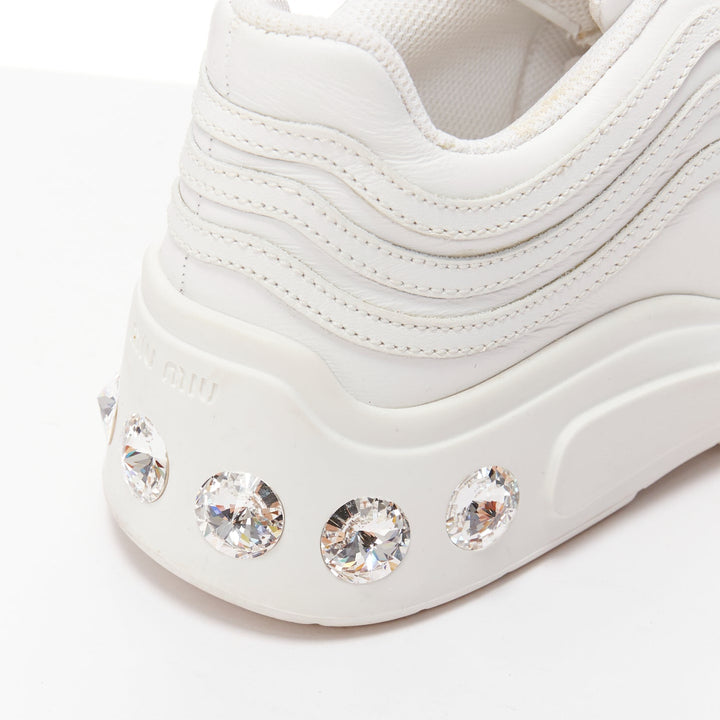 MIU MIU white leather logo tongue clear big crystal heels chunky sneakers EU38