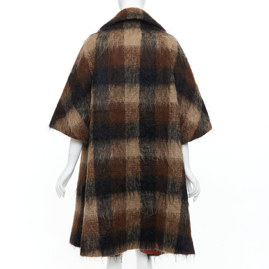 LILLI ANN Vintage brown checked mohair wide sleeve long overcoat