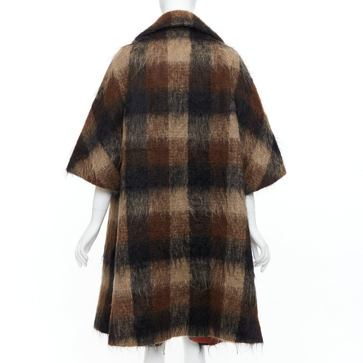 LILLI ANN Vintage brown checked mohair wide sleeve long overcoat