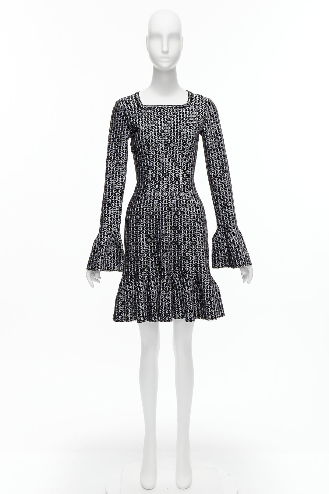 ALAIA black white wool jacquard square neck flared hem cocktail dress FR38 M