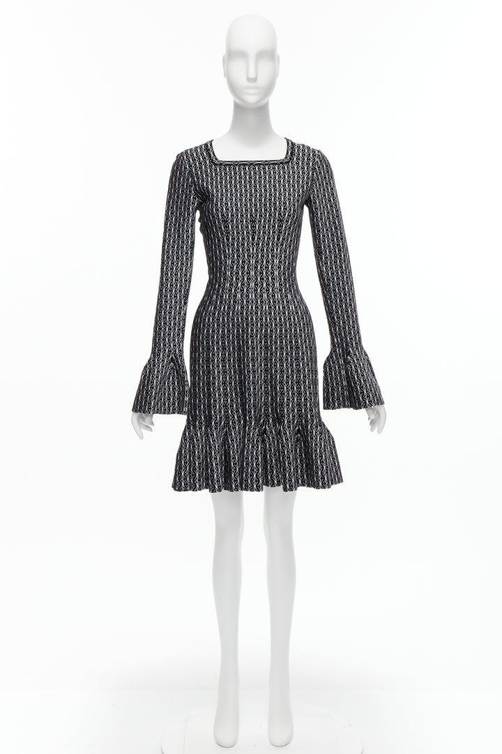 ALAIA black white wool jacquard square neck flared hem cocktail dress FR38 M