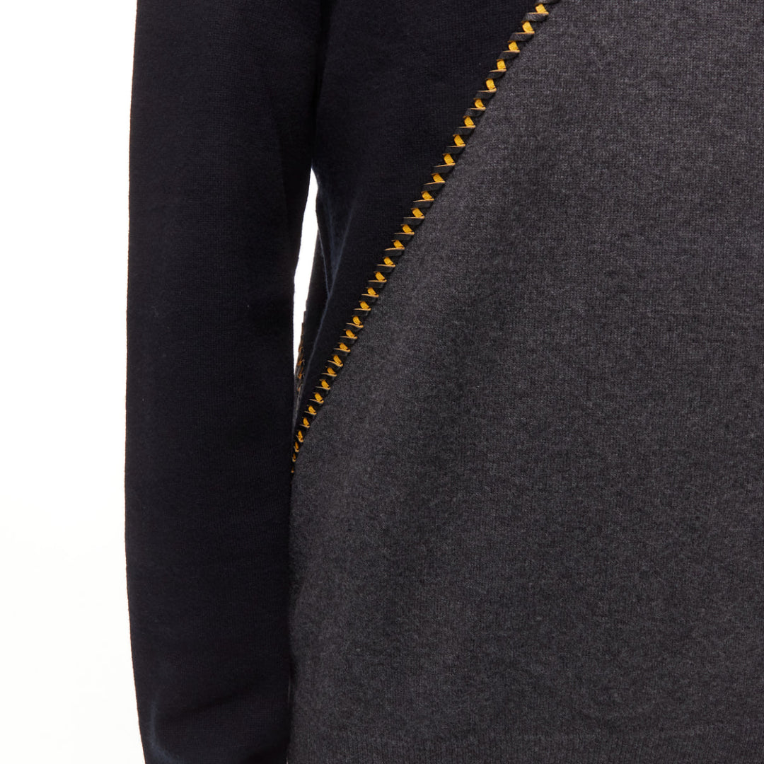 BERLUTI grey black yellow lambskin leather stitch wool cashmere split sweater M