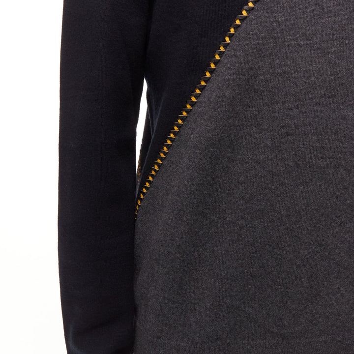 BERLUTI grey black yellow lambskin leather stitch wool cashmere split sweater M