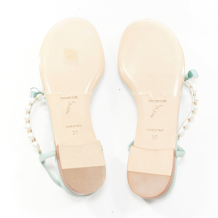 RENE CAOVILLA teal leather bow crystal pearl tstrap flat sandals EU37