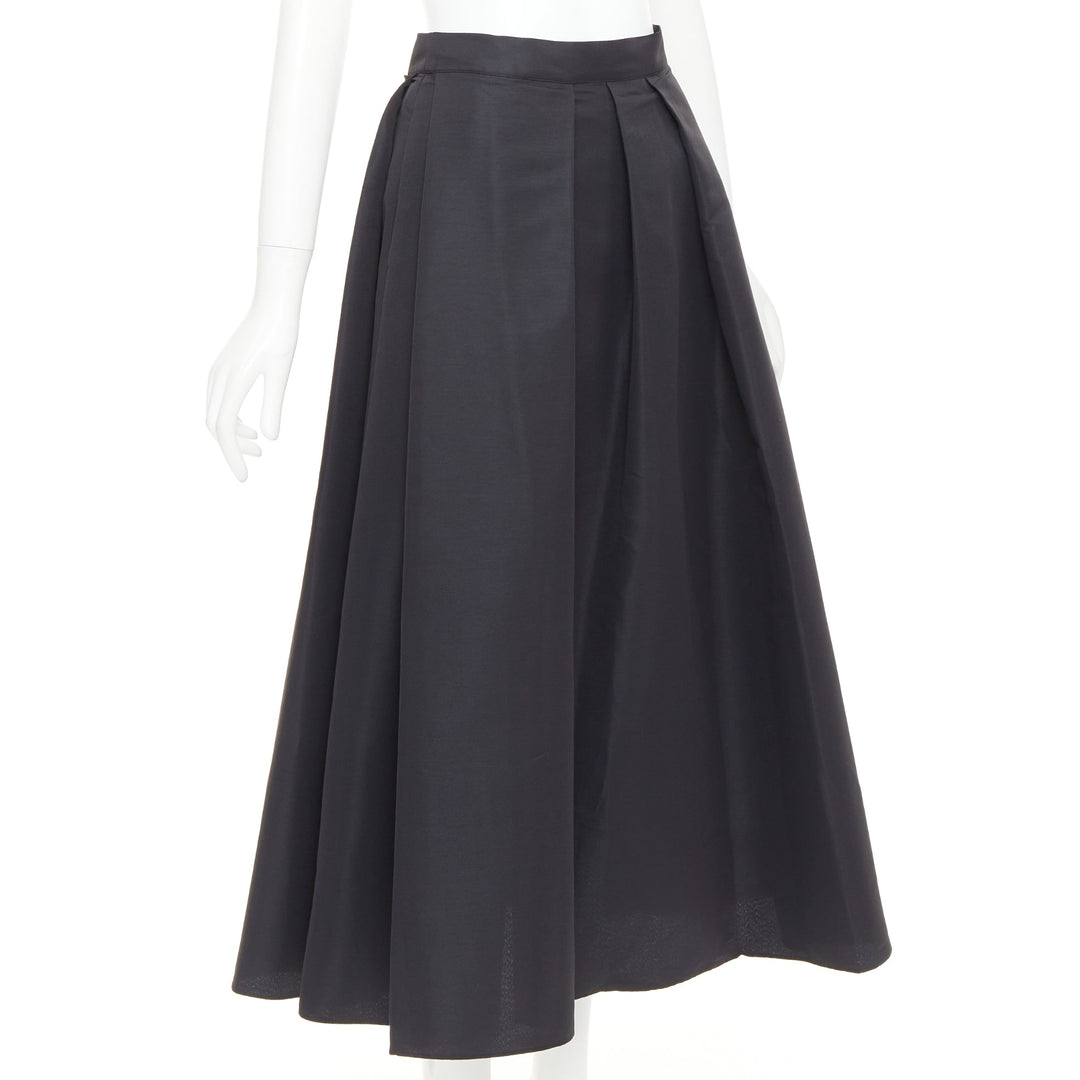 SACHIN AND BABI Leighton black satin crepe box pleat tea flared skirt US2 S