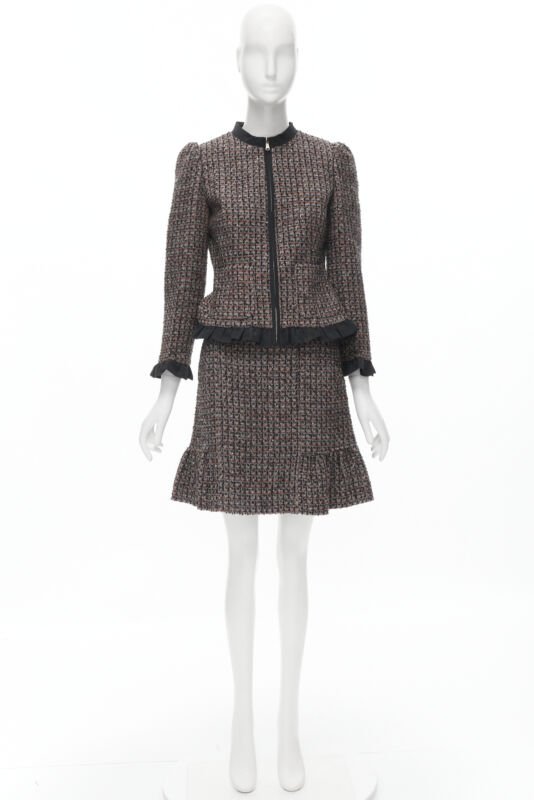 RED VALENTINO red grey wool tweed black ruffle trim jacket skirt set