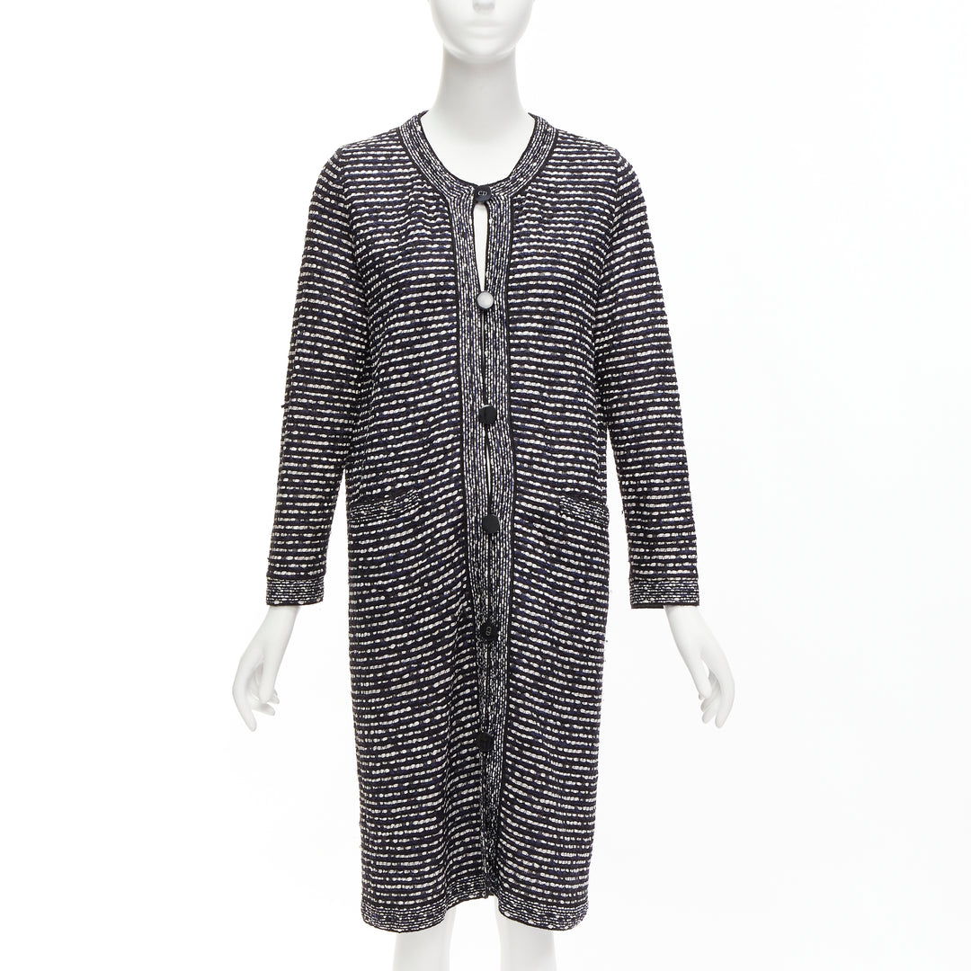 CHRISTIAN DIOR navy white light weave CD logo button long coat FR42 XL