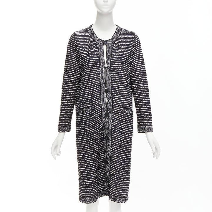 CHRISTIAN DIOR navy white light weave CD logo button long coat FR42 XL