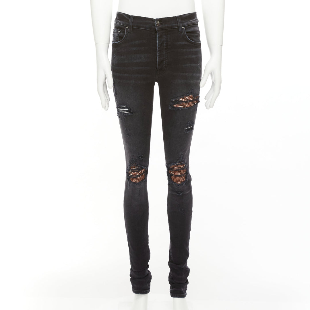 AMIRI black charcoal distressed brown pleated inserts washed skinny jeans 31"