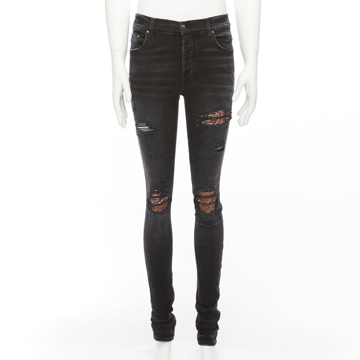 AMIRI black charcoal distressed brown pleated inserts washed skinny jeans 31"