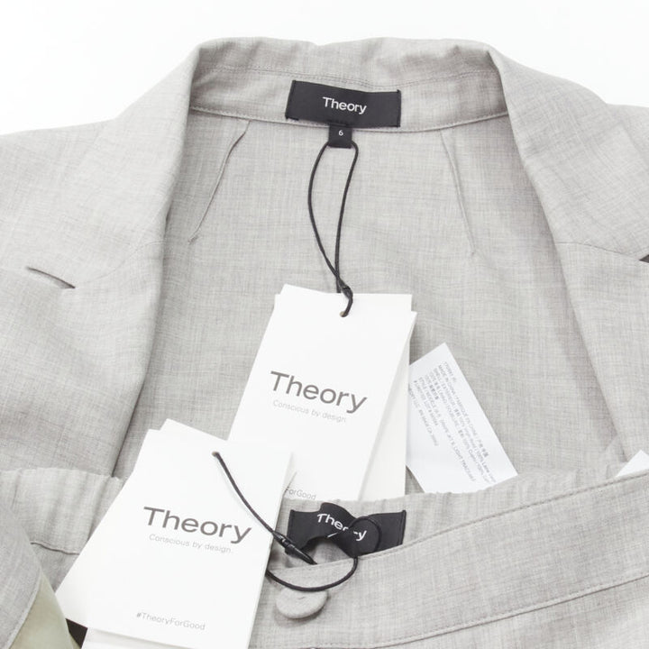 THEORY Drape wool grey drawstring cinched waist blazer wide leg pants set US6 S