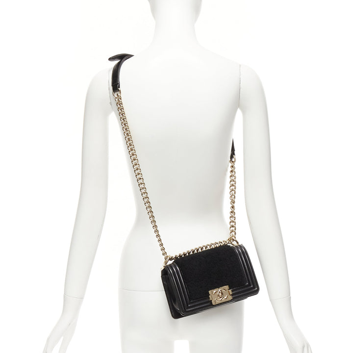 CHANEL Boy Small black shearling leather gold CC push lock chain flap bag