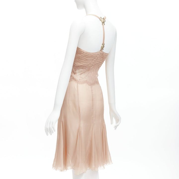 VERSACE 2005 Runway nude gold Medusa buckles sheer lace chiffon dress IT38 XS