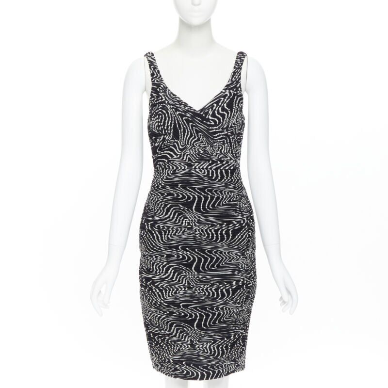 VERSACE 100% silk black white swirl print ruche pleated cocktail dress IT38 S
