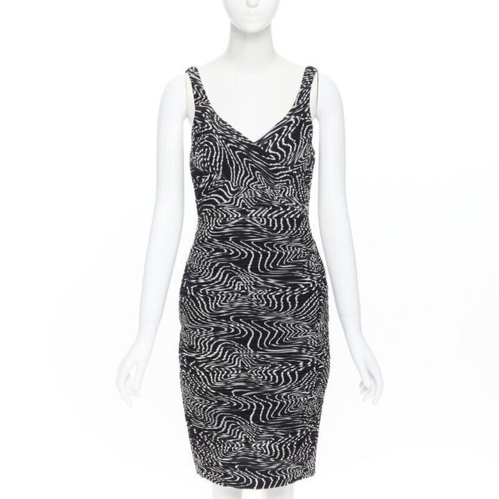 VERSACE 100% silk black white swirl print ruche pleated cocktail dress IT38 S