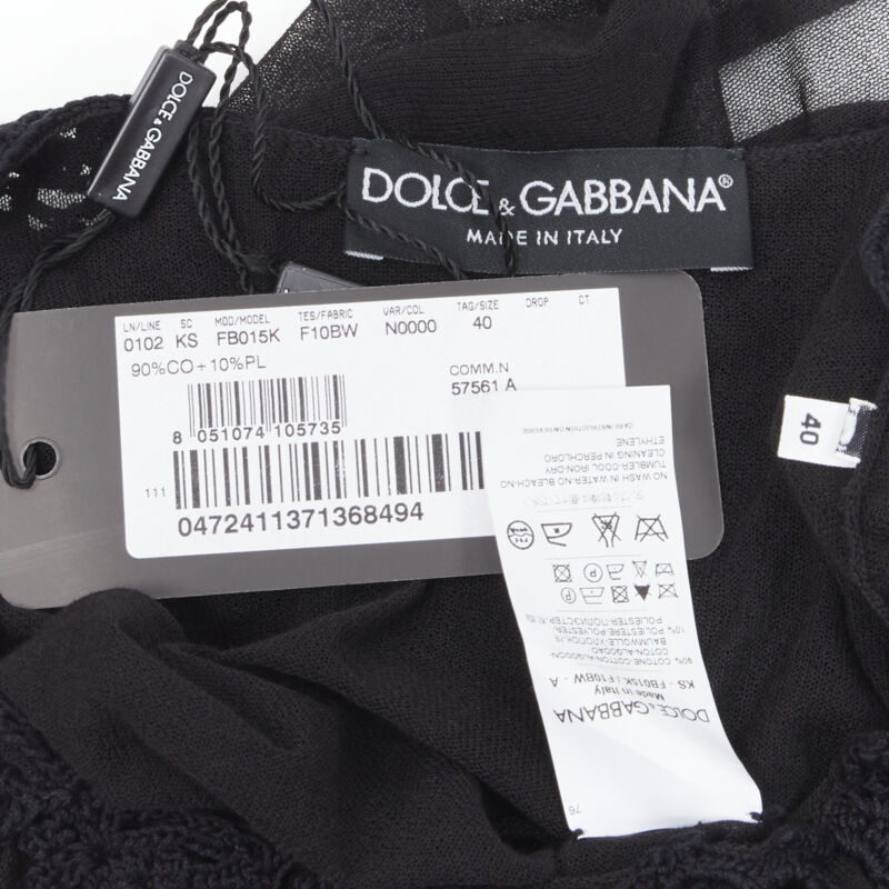 DOLCE GABBANA crochet lace sheer rolled edges fine knit cotton top IT40 S