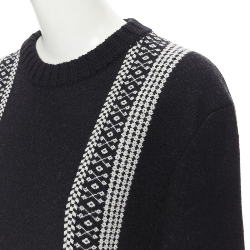 CHLOE 100% wool black white intarsia woven long sleeve sweater pullover XS