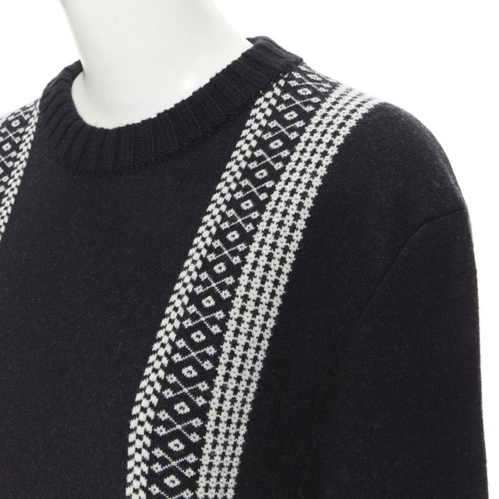 CHLOE 100% wool black white intarsia woven long sleeve sweater pullover XS