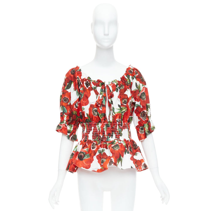 DOLCE GABBANA red anemone floral print cotton poplin peplum top IT48 XXL