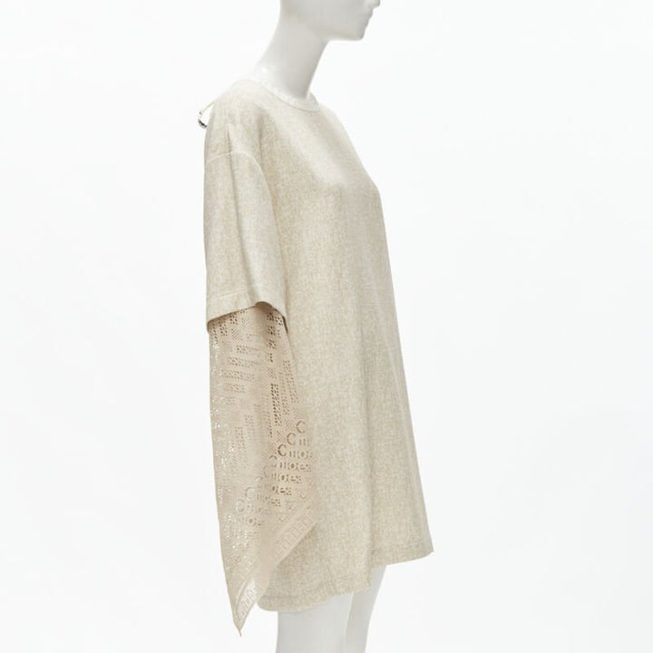 CHLOE 2019 Sandy Khaki speckle bohemian crochet sleeves layered dress FR40 M