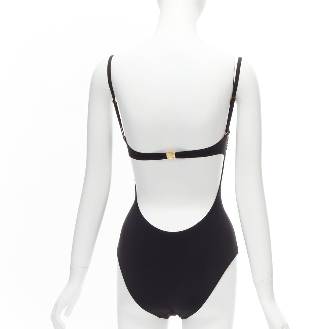 HEIDI KLEIN black gold logo clasp backless flutter one piece swimsuit US0 XS