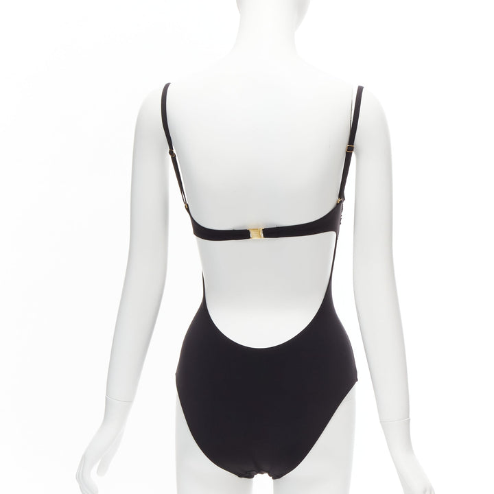 HEIDI KLEIN black gold logo clasp backless flutter one piece swimsuit US0 XS