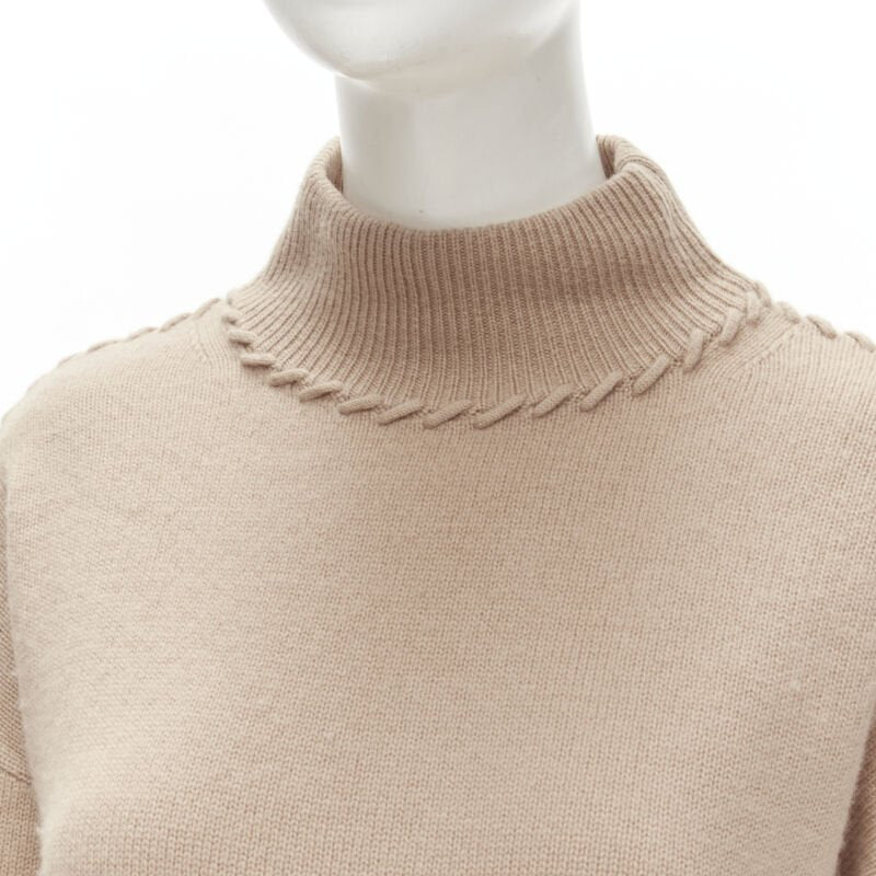 THEORY 100% cashmere light brown whipstitch detail dropped shoulder turtleneck S