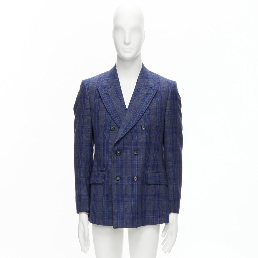 ALEXANDER MCQUEEN 2014 navy blue check wool double breasted blazer IT48 M