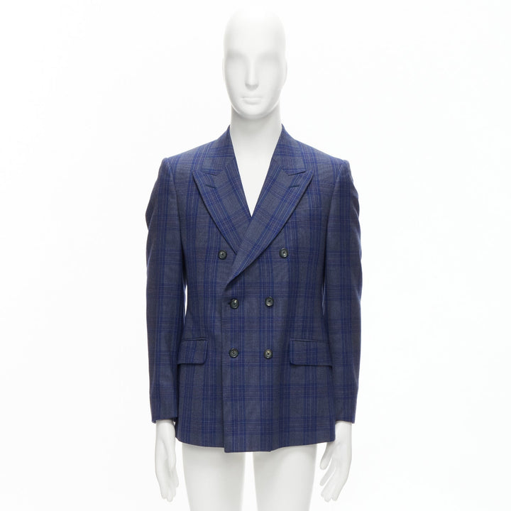 ALEXANDER MCQUEEN 2014 navy blue check wool double breasted blazer IT48 M