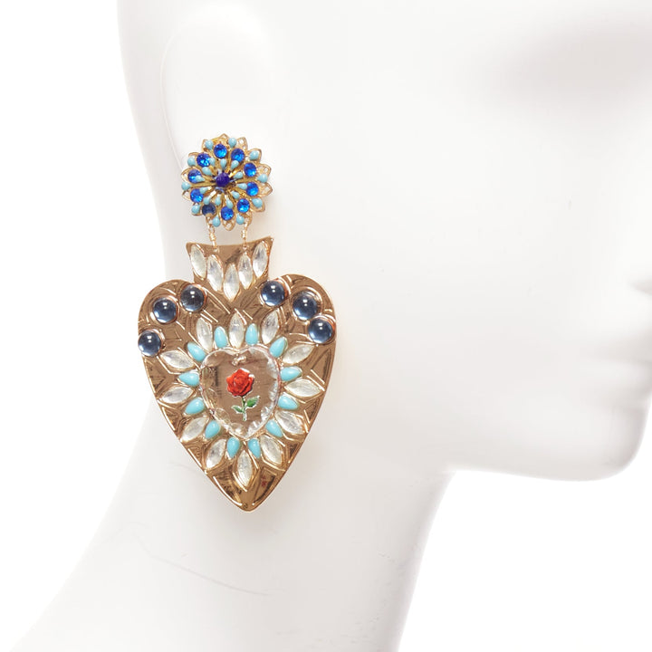 MERCEDES SALAZAR blue red heart resin crystal rose dangling clip on earrings