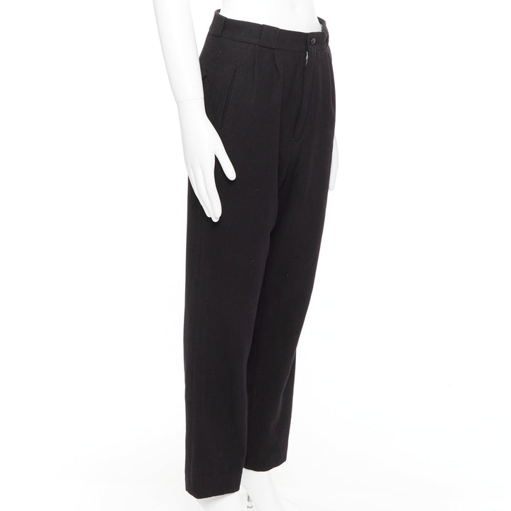 YOHJI YAMAMOTO navy 100% wool pleated front back flap tapered pants M