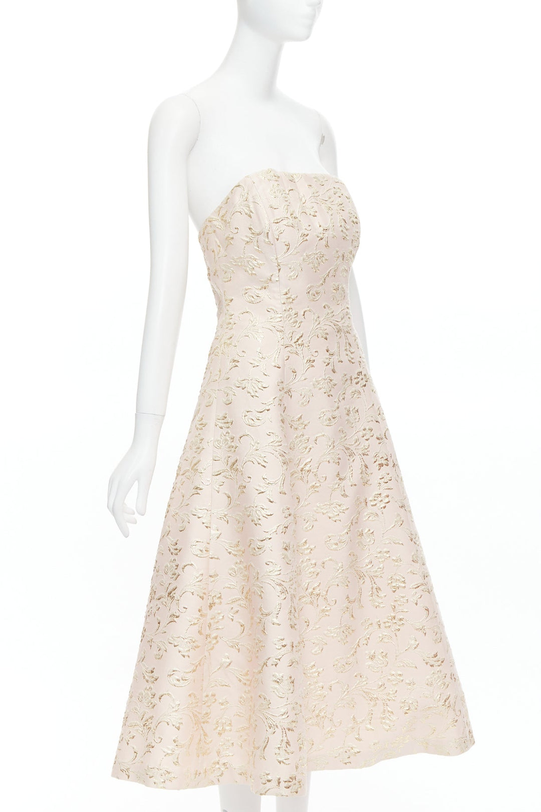 TED BAKER TUX Langley pink acetate blend gold jacquard strapless dress US2 S