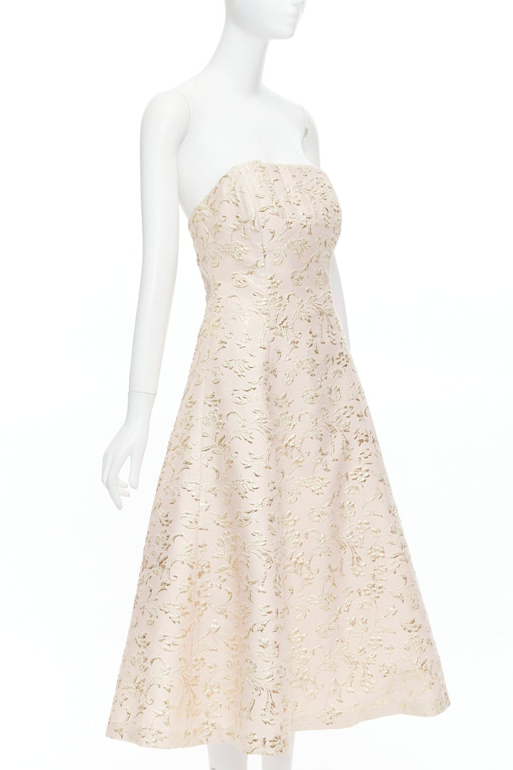 TED BAKER TUX Langley pink acetate blend gold jacquard strapless dress US2 S
