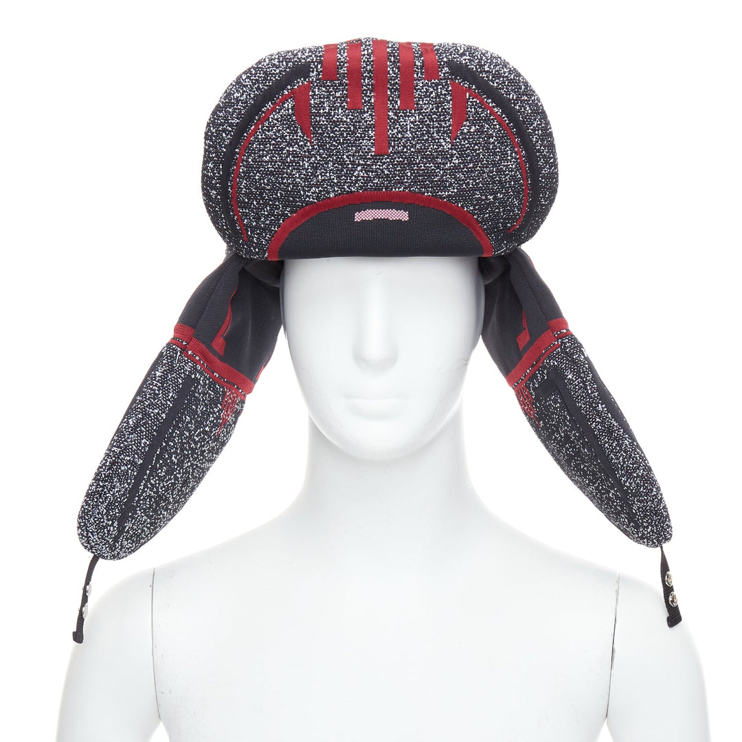 rare PRADA 2019 Runway red grey logo jacquard padded trapper hat L