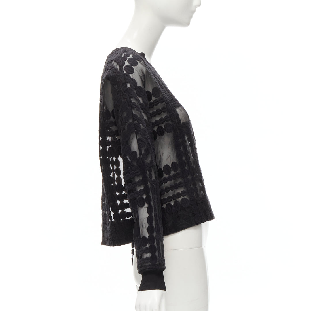 BY MALENE BIRGER black graphic circle embroidery sheer cropped sweater FR36 S