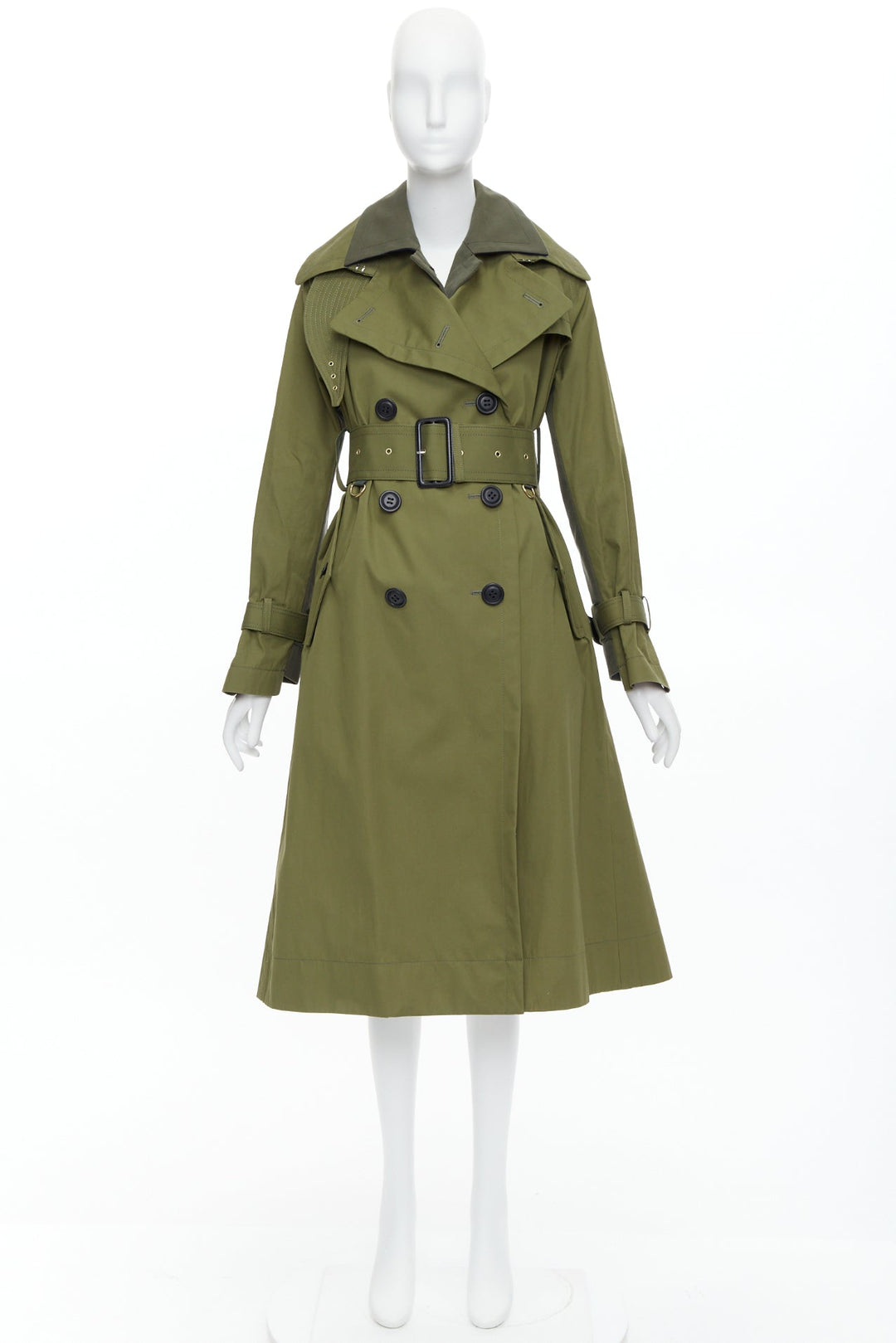 SACAI 2020 green cotton gabardine double layered belted trench coat JP1 S
